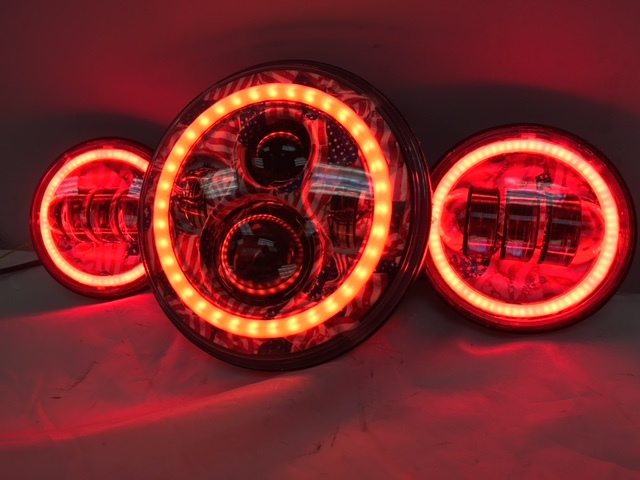 Harley Red Daymaker Headlight Set 7" Red Halo 4.5" Red Halo Auxiliary Lights 